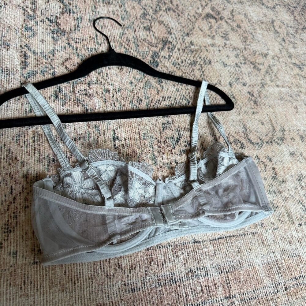Fleur du Mal Lace Balconette Bra 34D Silver Grey Embroidered Underwire Silk Sexy - Picture 8 of 12